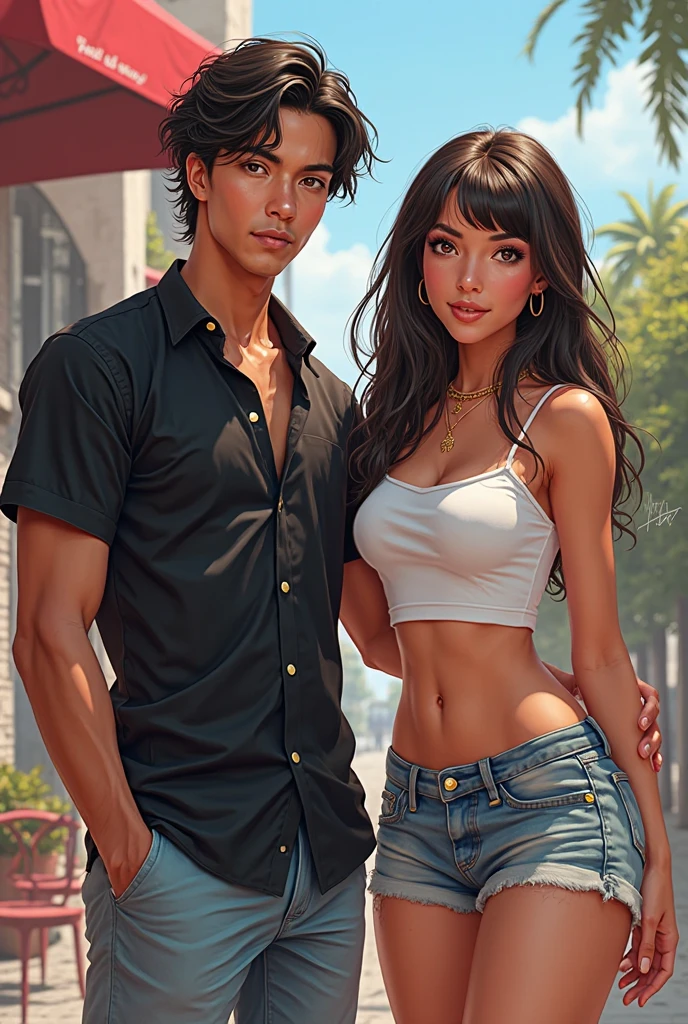 Indian girl show stomach long legs wear jewellers dress type white short top. And short blue mini jeans. With 1 muscular body man. Hugging Indian girl ass. London Both are visible in front of camera.Full body visible in front of camera realistic image detail image