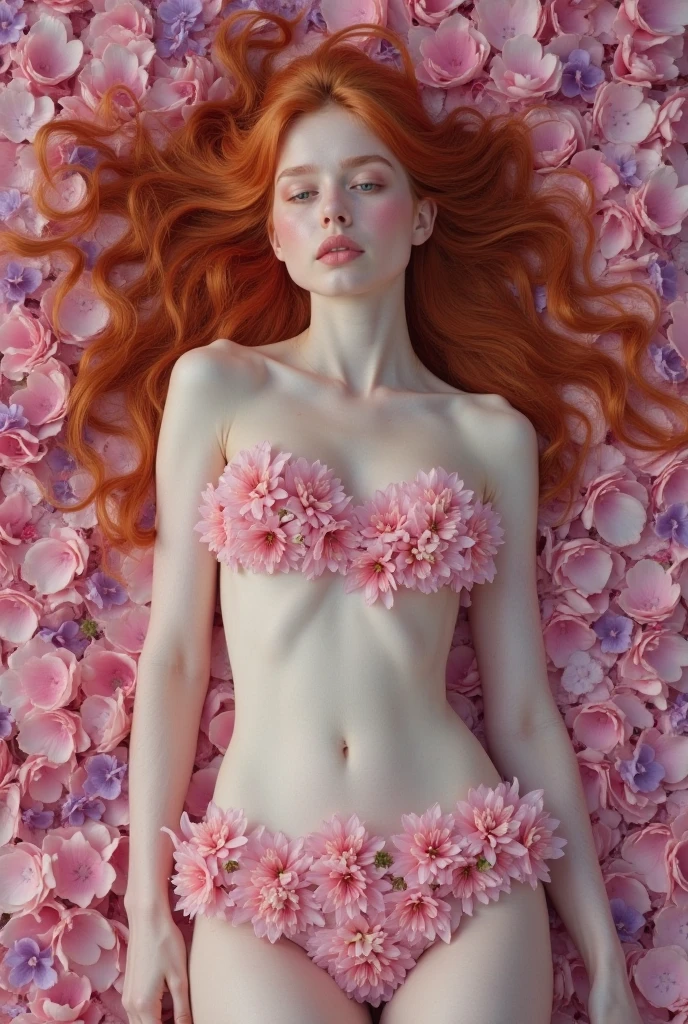Perfect realistic photo, best possible quality, foto vista de cima, uma mulher loira bonita, she is naked with curly hair lying on a red satin bed, ela tem seios redondos e pequenos, pernas abertas, mostrando a virilha e a buceta peluda, ela sorri maliciosamente, olhos verdes fixos, sexy, sensual