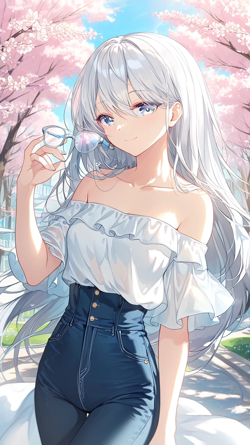 masterpiece,highest quality,8k quality ,Highly detailed face,fine grain,Waterfront,Highlighted eyes, medium breasts ,pretty girl,smile,Cat ear,Beautiful silver hair,Pink inside,Beautiful pink eyes,Oversized shirt、Hydrangea, distressed jeans