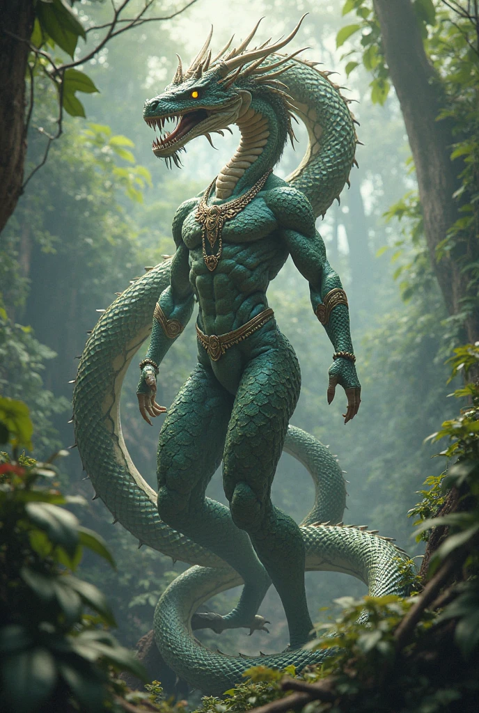 Faun-like reptilian with large dark greenish scales with long fauses, fangs and claws with a long tail and torn clothes