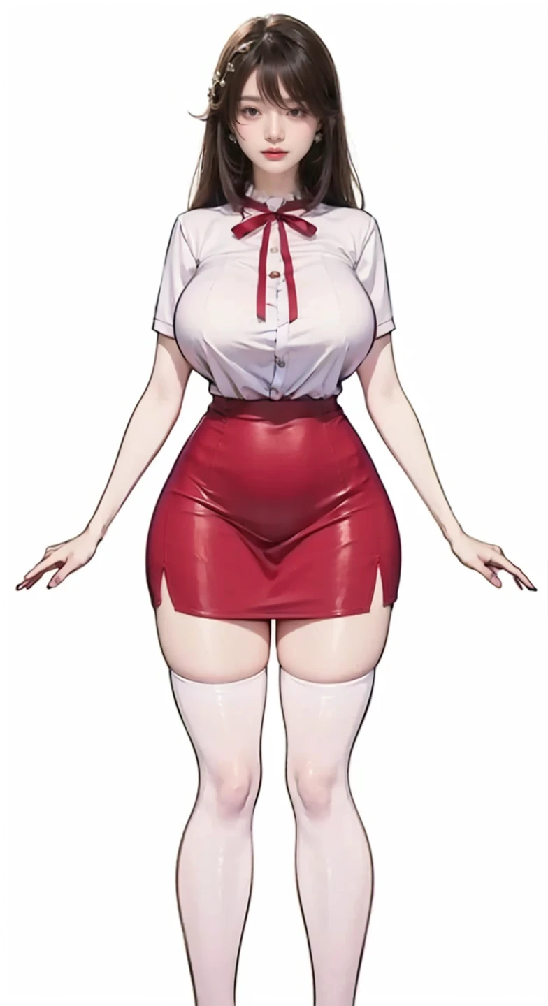 ((blank background)), masterpiece, best quality, silver hair, (big breast:1), ((full body framing)), symmetry, nurse woman, nurse uniform, nurse cap, long pants, ((curvy)), wide hips thick thighs, short skirt, only white, all white
