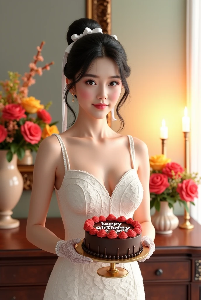 A cinematic photo of a gorgeous curvy china seductive sexiest milf, wearing Modern seductive red lingerie, waiting for her husband , in her luxurious birthday with birthday cake and gifts in a luxurious garden