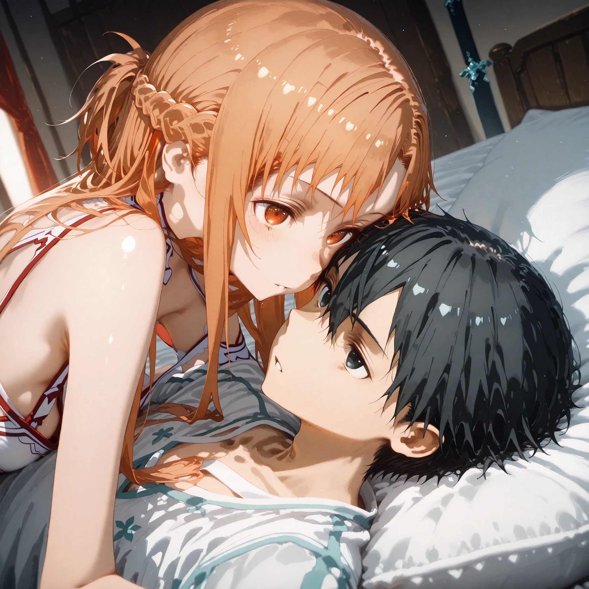 1 girl, Asuna Yuuki (Sword Art Online), orange hair, long hair, orange eyes, laying on bed on her back, 1 boy, kazuto_kirigaya (Sword art online), black hair, short hair, black eyes, laying on her, head on her chest