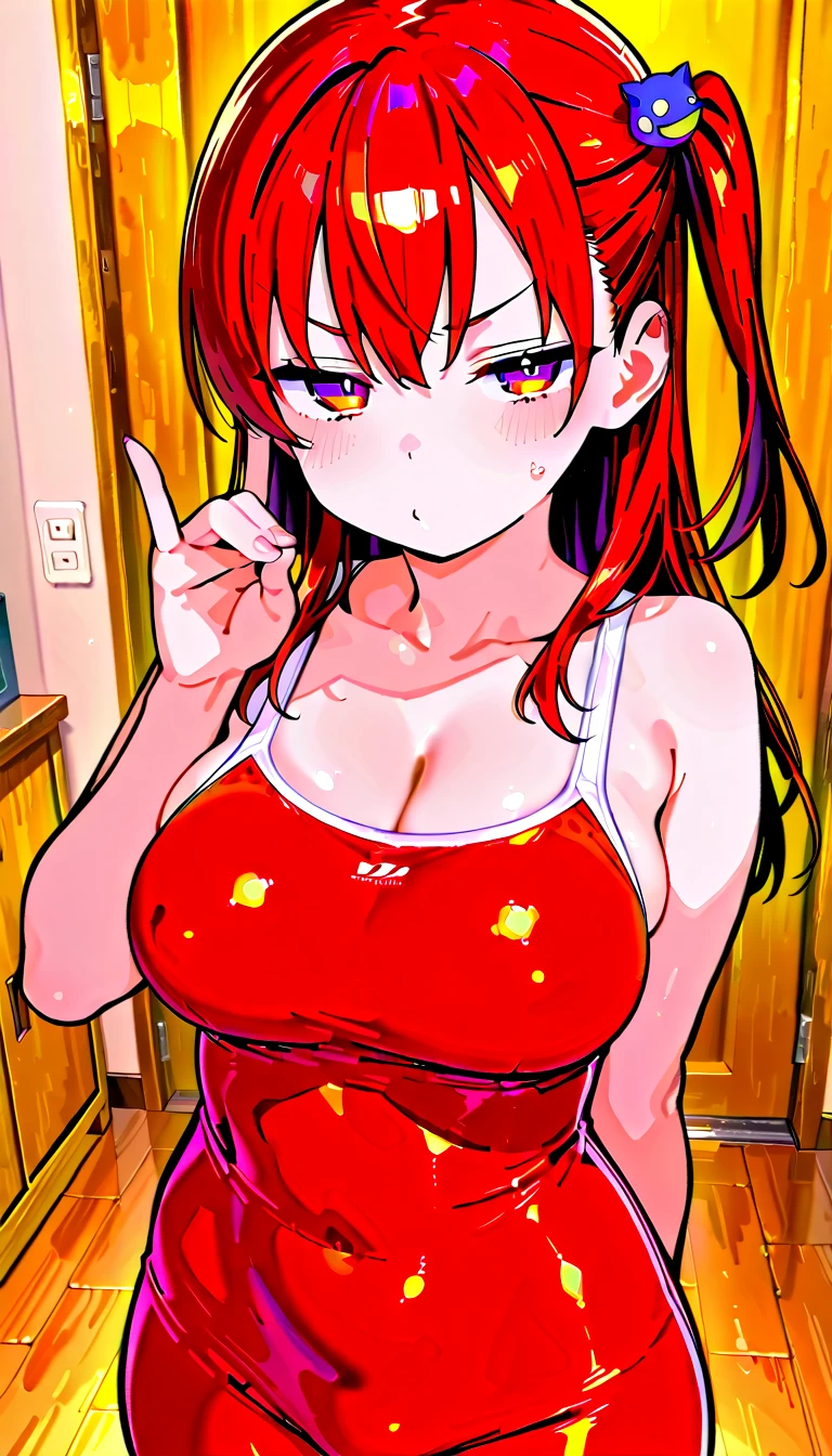 ((1girl)), perfect face, young woman, beautiful face, perfect face, masterpiece, flannery, ((flanneryoras)), red hair, red eyes, ((red tube top:1.3)), ((underboob)), (((small thin Bandeau))), ((red bandeau)), ((huge breasts:1.3)), ((loose top)), ((strapless top)), indentation, bursting breasts, cowboy shot, outdoors, smile :D, facing viewer, ((strapless, bare shoulders)), denim shorts