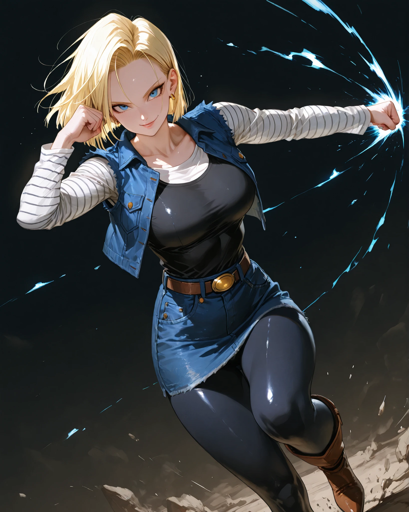 closeup, Sluisap, eyes、usnr、GBF_style、748cmstyle、32K、Semi-realistic、 super detailed description 、Artwork、Original Works、 detailed color、 detailed eyes、 detailed lips 、 The Greatest Masterpiece、Professional work、normal Breasts、 sexy、 Dragon ball z character, Android 18 , Android 18, (Android 18:1.3 cosplay ) , dark background , cowboy shot, , full frame , full length , shiny body, sexy ,( full body view1:3), action pose, punching , full body view , blue eyes color , normal breast , looking at the viewer , smile , wearing a black tank top , sleeveless blue denim vest , (white long sleeve undershirt, with black horizontal stripes), blue denim mini skirt black full length , skin tight leggings, brown mid caff leather boots