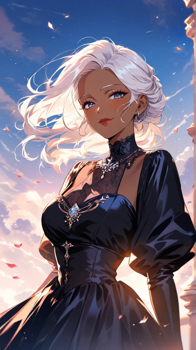 masterpiece, highres, best quality, cowboy shot, 1girl, solo, shinobu jacobs, white hair, (big hair, messy hair, afro:1.2), hair over one eye, thick eyelashes, dark skin, looking at viewer, large breasts, black dress, NMH2, lace, fingerless gloves, scarf,
<lora:ShinobuTest3:0.8>