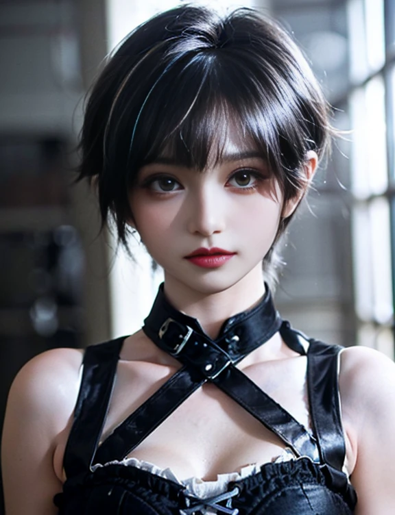 Yor from spy x family, realistic, age 25, pure white skin, dark red pupils, black long bangs, black assassin dress, perfect face, perfect shape body, large breasts, clothes covered upper body, 3d .