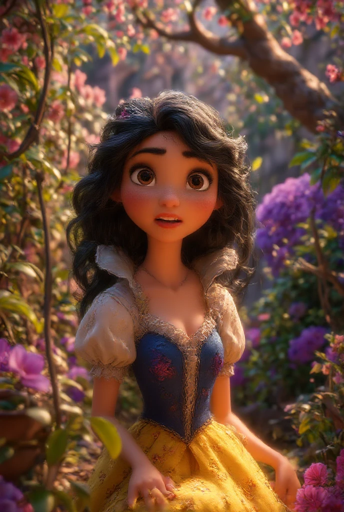 an 8 year old child, long black hair, Brown eyes, Princess dress, and headdress, In a fantasy city