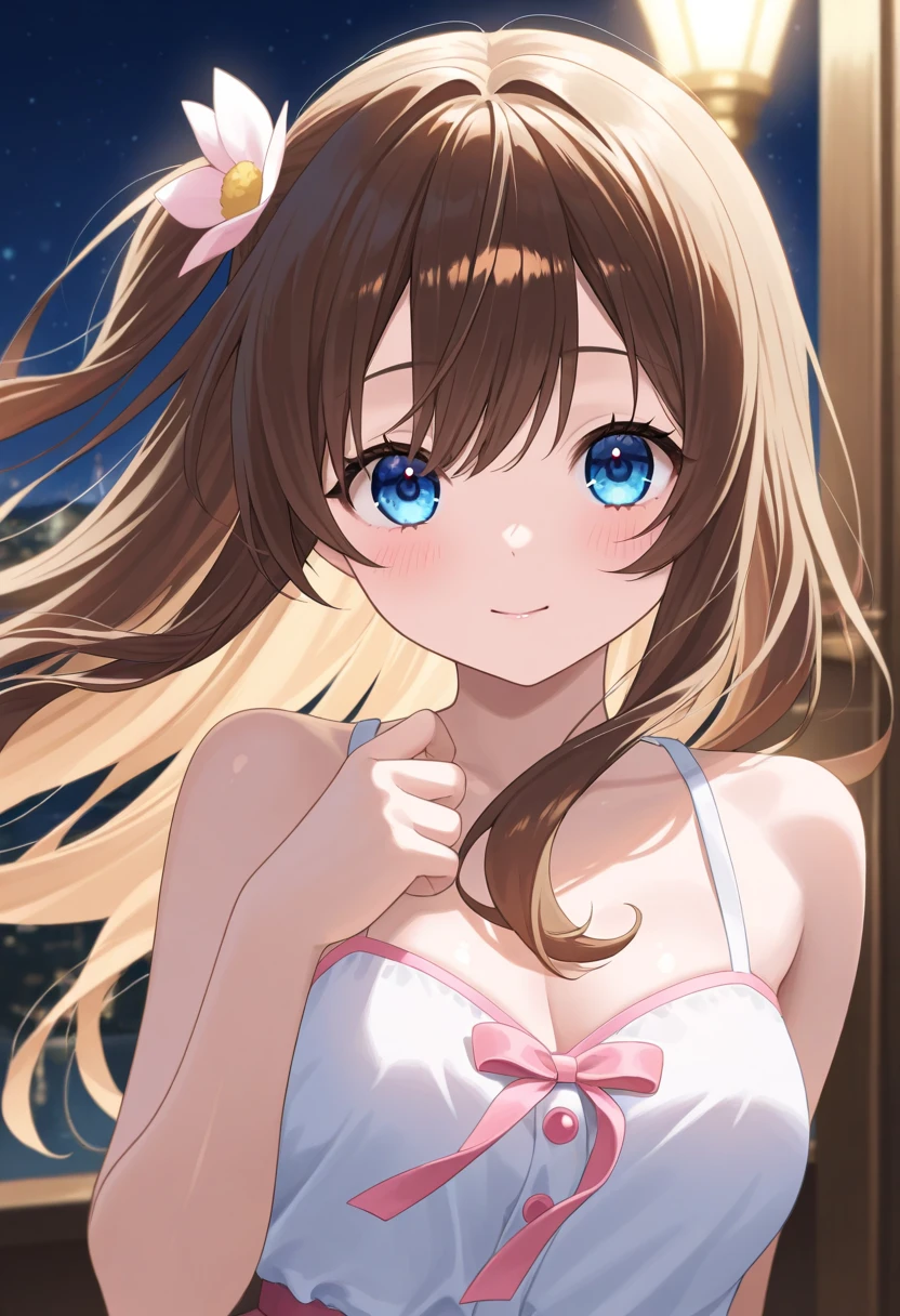 Side Focus, Eyes focus, Cute face, masterpiece, Highest quality, Sharp focus, Ultra-high resolution, One girl, Long brown hair, Glancing sideways at the viewer, Standing in water, Wearing a black bra, Colorful lights, Sparkling eyes, blue night, colorful galaxy lights, Landscape, Upper Body, Night view,