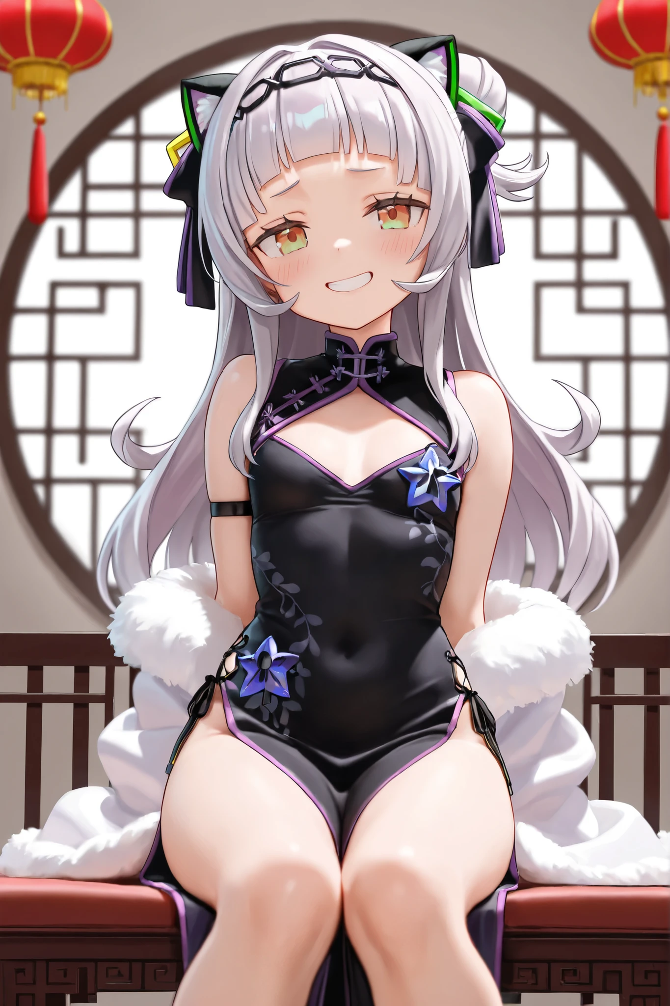 Silver Hair,Silver Eyes,Cat ears,girl,Girl,Small breasts,Long Hair,Twin tails,Lolita,Small breasts,Bright smile,Looks like 13 years old,Petan Musume,short,目のhighlight,Sexy thighs,Attractive thighs,Please show me your armpits,Exposing the vagina,Show me your vagina,No underwear,No underwear,Your eyes are so beautiful,highlight,とても美しいhighlight,Chinese clothing,Chinese restaurant,(Completely naked),(Nearly naked)