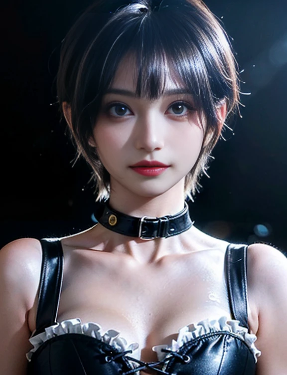 (best quality, 8K, ultra-detailed:1.2), realistic, woman in her 30s, alone, 全身, ultra-detailed face, rim lighting, upper body, blue black pixie cut hair, (small bust:1.5), body suit made of leather material, with a jacket