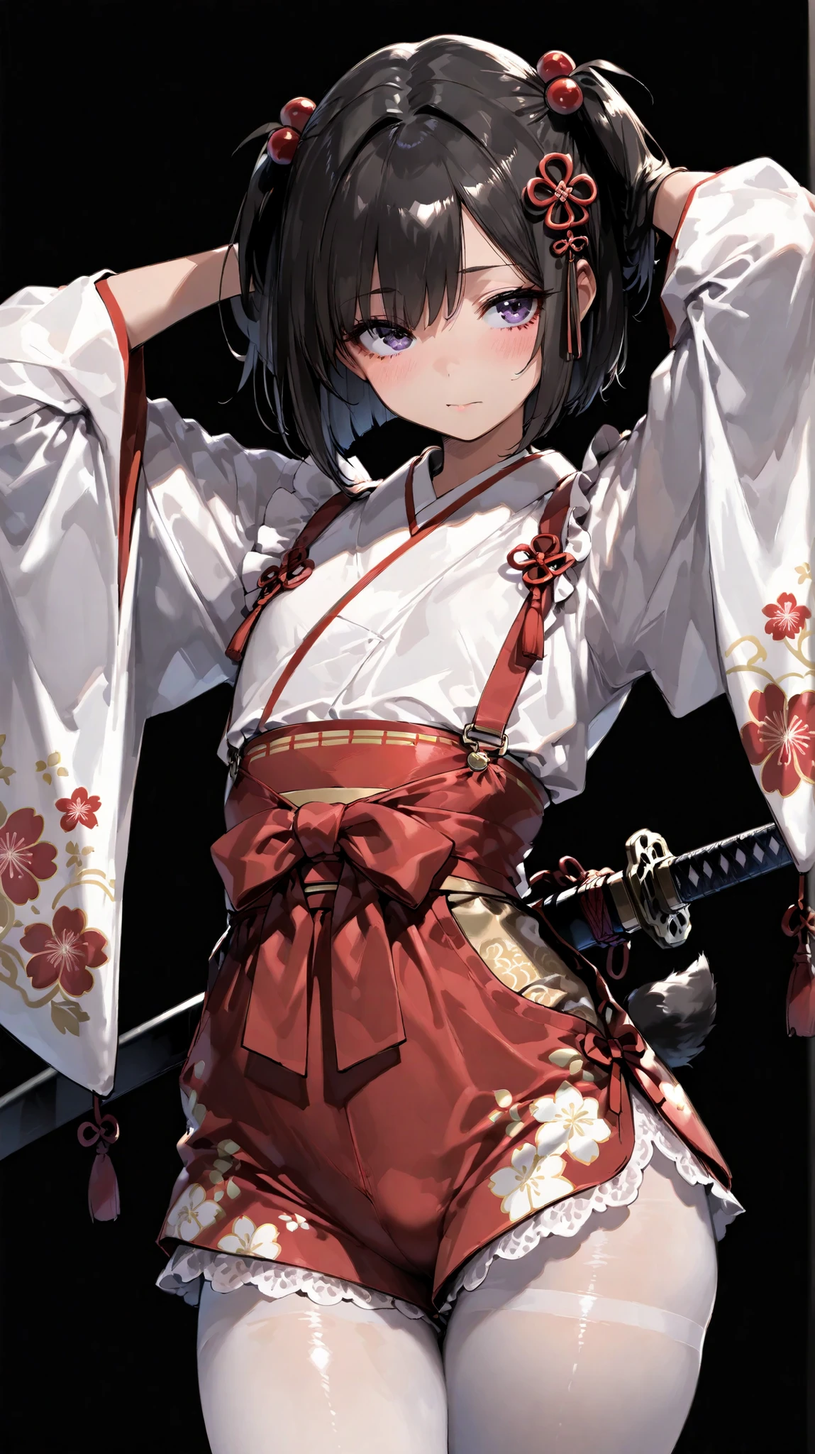 Shelley Gee , (masterpiece , top quality , High Definition: 1 . 2) , girls , Alone , frills、lace fabric、dark haired、white pantyhose、Women's Funny Faces、sleeves are bordered with lace 、Slightly Short Bob、cute face、Like々Funny Face、Looking into the Distance、hair accessories、 Japanese sword、 Exquisite face、delicate hair、lace pattern、 Overall Bright Color 、double eyelid 、flat chest , Floral Shorts 、Front Hem、Thin Waist、dark haired background、Black background、Long Crotch、empty space、Moving Pose 、Side Tail on One Side、 大きなJapanese sword、 black shrine maiden costume、witch costume