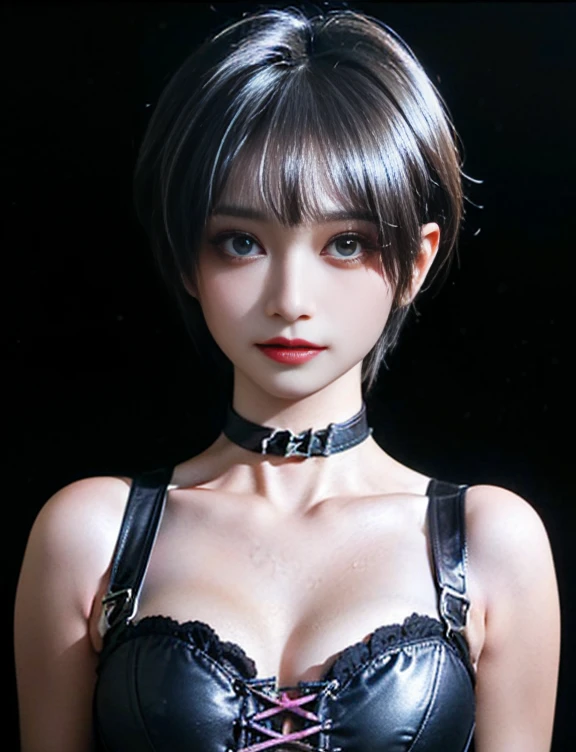 (((NSFW1.5))), 20 year old woman、black haired、(top fade:1.3)、dark theme、calm tone、calm colors、high contrast、(natural skin texture、hyper realism、soft light、sharp)、(Masseter muscle part:1.3)、(8K、Photoreal、RAW photo、highest quality: 1.4)、beautiful expression、(lifelike face)、beautiful hairstyle、realistic eyes、beautiful details、(real looking skin)、beautiful skin、(black lace bodysuit)、absurd、attractive、超A high resolution、surreal、high detail、golden ratio、Huge 、Supermodel