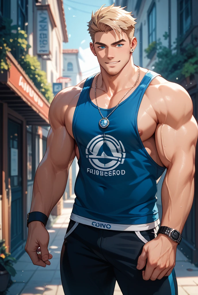 (masterpiece, best quality ), 1 person, muscular, short hair, blue eyes, Blonde, shorts, t-shirt, topless