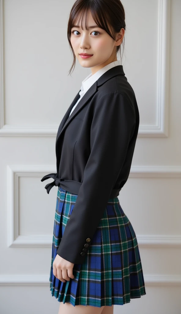 (8k, RAW photo, best quality, masterpiece:1.2), (realistic, photo-realistic:1.37), ultra-detailed,(detailed beautiful girl:1.4),1 girl,full body<lora:office uniform:0.8>office uniform,office vest,office,micro mini skirt,((black uniform)),long hair,smile,looking at viewer, <lora:NataliePortmanV2Dogu:0.7>NataliePortman