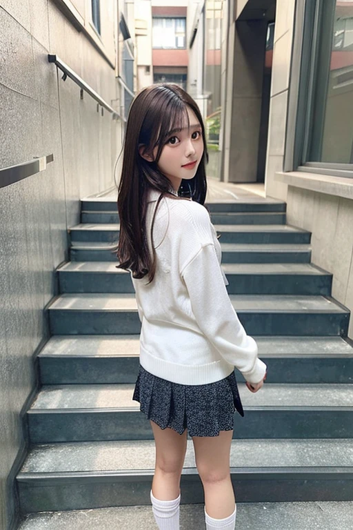 A swedish, American, german, young woman, 20yo, downtown, in large metropolis, collared shirt, sweater, pleated skirt, chuck taylor shoes, smirk ((heavy gaussian blur)), ((soft lighting)), (((extremely hazy:1.2))),, (extremely bright), (dreamy atmosphere), bright vivid colors, (blushing:1.2),