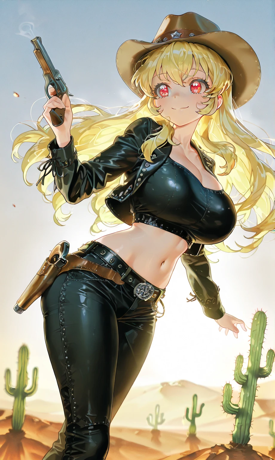 One beautiful woman, beautiful anime face, smile, long hair, tall, blonde, black police hat, transparent tank top, belly button showing, side showing, torn denim shorts, crotch emphasis, spread legs, bedroom