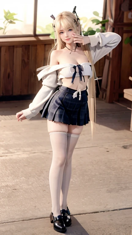 necoarc
blonde hair, cat ears
red eyes, slit pupils
chibi, :3
turtleneck, blue skirt, pleated skirt, pantyhose, brown footwear