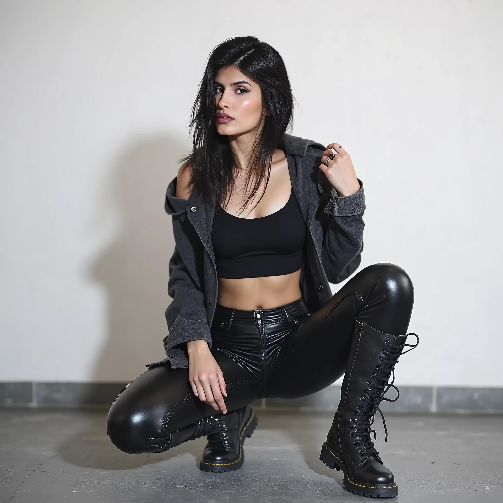 Yael Cohen Aris, This is a high-contrast photograph featuring a young woman with long hair. She is seated on the floor against a plain white wall, with her legs bent and her feet extended towards the camera. Her attire consists of tight, glossy black leather pants that have a high shine and reflective texture, and a cropped black tank top that exposes her midriff. She is wearing chunky, rugged boots with a rough texture and visible wear, adding a sense of toughness to her overall appearance. Her facial expression is neutral, with a slight tilt of her head and a direct gaze into the camera, creating a sense of introspection. The background is minimalist, consisting only of the plain white wall, which draws focus to her and her attire. The lighting is soft, casting subtle shadows that enhance the texture of her clothing and the ruggedness of her boots. The image has a gritty, urban aesthetic, emphasizing the juxtaposition of her stylish yet edgy attire with the stark simplicit, This is a high-contrast photograph featuring a young woman with long hair. She is seated on the floor against a plain white wall, with her legs bent and her feet extended towards the camera. Her attire consists of tight, glossy black leather pants that have a high shine and reflective texture, and a cropped black tank top that exposes her midriff. She is wearing chunky, rugged boots with a rough texture and visible wear, adding a sense of toughness to her overall appearance. Her facial expression is neutral, with a slight tilt of her head and a direct gaze into the camera, creating a sense of introspection. The background is minimalist, consisting only of the plain white wall, which draws focus to her and her attire. The lighting is soft, casting subtle shadows that enhance the texture of her clothing and the ruggedness of her boots. The image has a gritty, urban aesthetic, emphasizing the juxtaposition of her stylish yet edgy attire with the stark simplicity of the background.