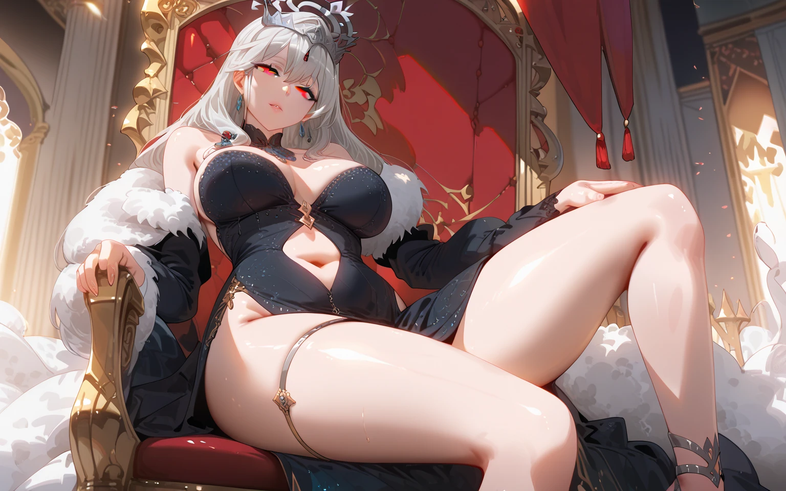 A sexy white-haired ,sitting on a fur covered throne,Red-faced,style of anime,seminude,sexyposture,opening legs,lie,(spread --auto --s2