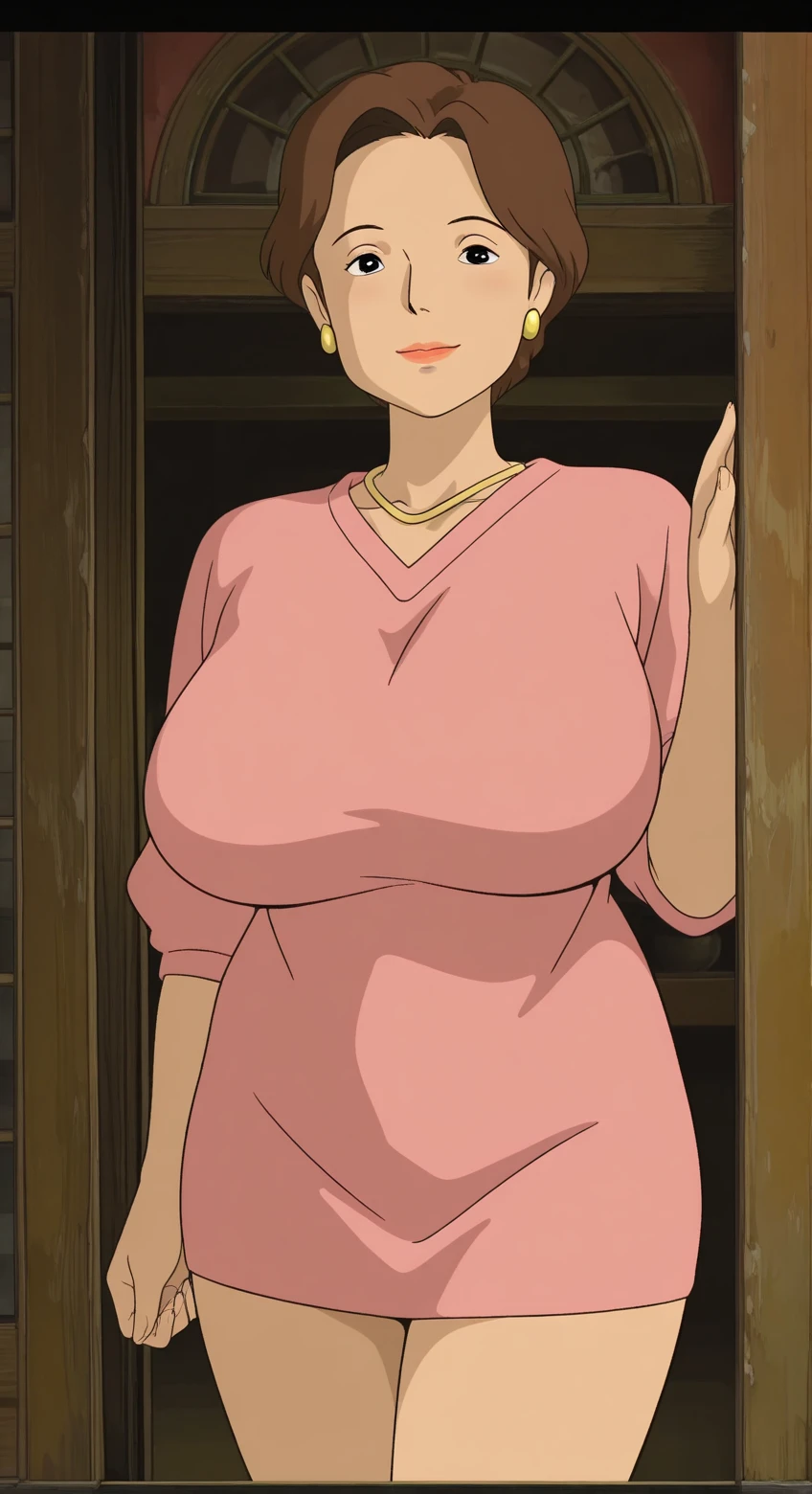 Misae Nohara, retro art style,(Auntie:1.5), (Mature Woman:1.5), (absurderes, 8K, 4K, masutepiece, hyper extreme detailed:1.2), Best Quality, Perfect Anatomy,Perfect face,High humidity, (Huge breasts:1.7), (A sheer pink nightgown:1.4), (Wet:1.2), (.Alley:1.3), Graffitied wall, Garbage can, Scattered trash, (alone:1.5), (Brown eyes:1.2), (Clothing is revealing:1.2), Exposed shoulders, Torn clothes, Are pregnant, Firm breasts, Upturned nipples, Showing cleavage, Mole on chest, (Thick armpit hair:1.4), (blush:1.2), A kind smile, relief, peace of mind, (maternal:1.3), (Gentle look:1.5), Smiling face, (Outdoor:1.5), (Out:1.3), half closed eyes, naughty face, Sitting in a chair, spread legs