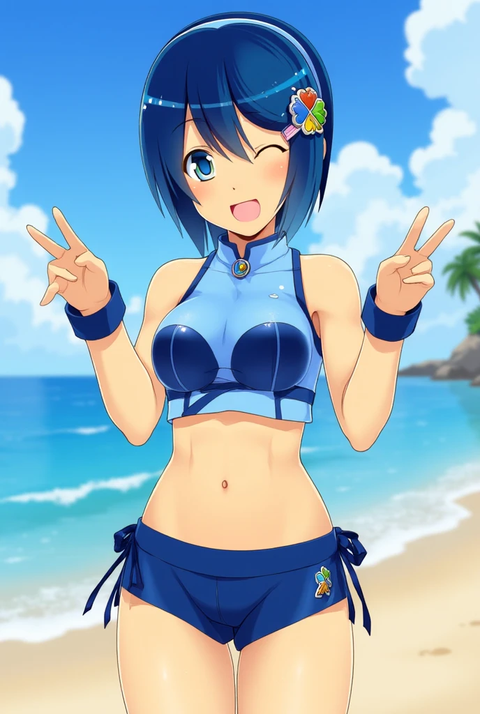 masterpiece, best quality, tsugumi seishiro, looking at viewer, very small breasts, upper body, portrait, seductive smile, put your hands behind your head, armpits, armpits visible, sweaty armpits, wearing blue bikini, on beach