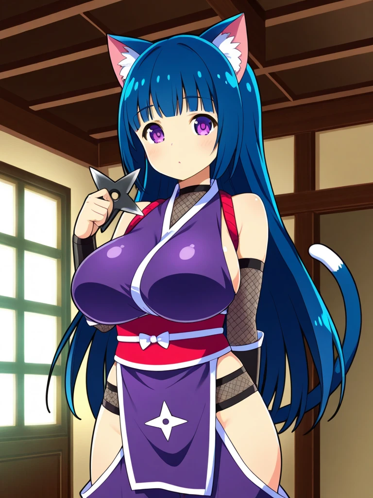 1 girl , alone ,Taisho Modern、、big cleavage、headphone , greenish black hair、ponytail、fox ears、blue eyes、sunglasses、Dark purple kimono、Red kanzashi、light purple long hakama、Haori、leather boots、headphones、sunglasses、Japanese umbrella、sexy、charm、Wet、face turns red、far shot , full body