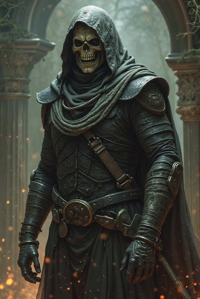 A man with skull mask wearing a heavy dark whole body armor whole body with hood