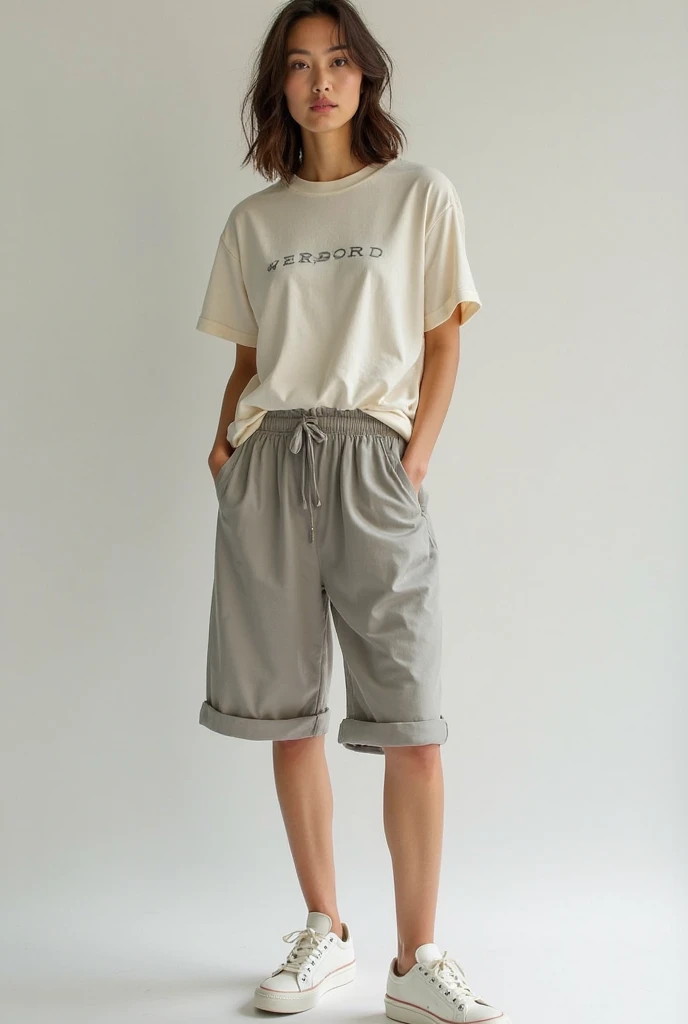 Best quality, masterpiece, ultra high resolution (photorealistic: 1.4), raw photo, 1 girl, European, cute and adorable girl, teenage girl, wearing black hijab, baggy white t-shirt , grey shorts, ((black socks)), white Slippers, in her livingroom, full body view, funny pose