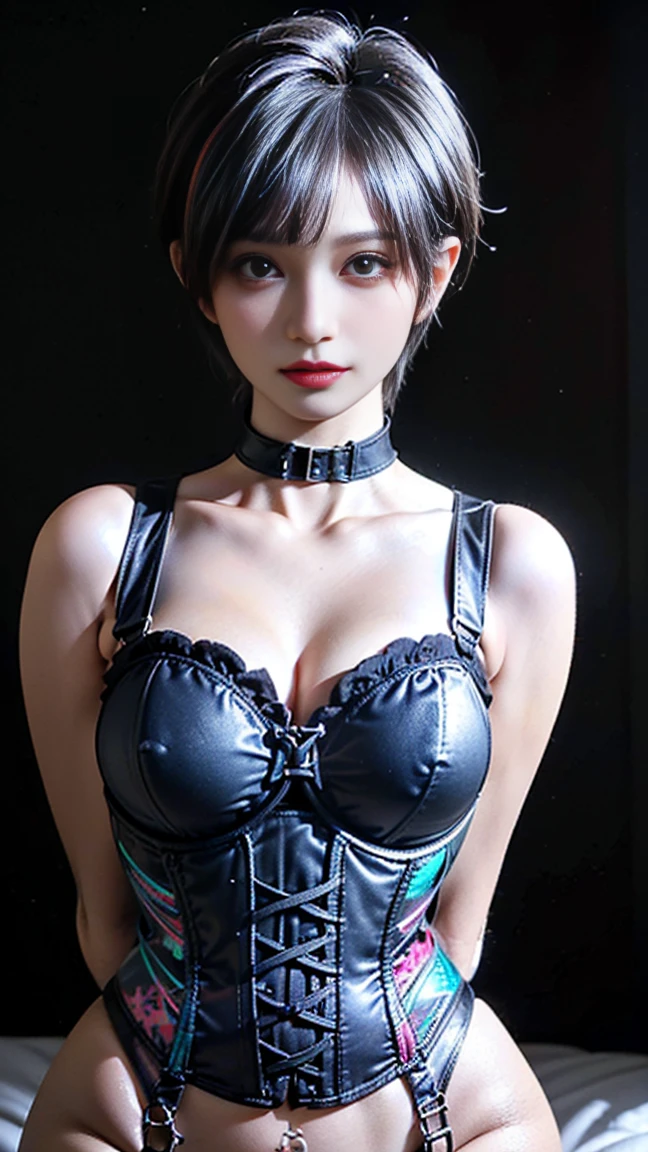 masterpiece,Game Art,Best picture quality,Maximum resolution,8K,(portrait),Unreal Engine 5 rendering works,(Digital Photography),
20 year old girl,Short hair details,Long bangs,(The red eye makeup is carefully applied),(White，Red eyes with short hair,(Large target, Full breasts),Beautiful breasts、巨Large target乳房:1.4 巨Large target乳房:1.4，Full, straight breasts，Showing cleavage，Nipple protrusion，Belly button，Thigh sling elegant and noble,Brave and charming,
(Charge layer,Bare shoulders,Open it),
light，Ray Tracing，Game CG，((3D Unreal Engine))，OC rendering reflection mode