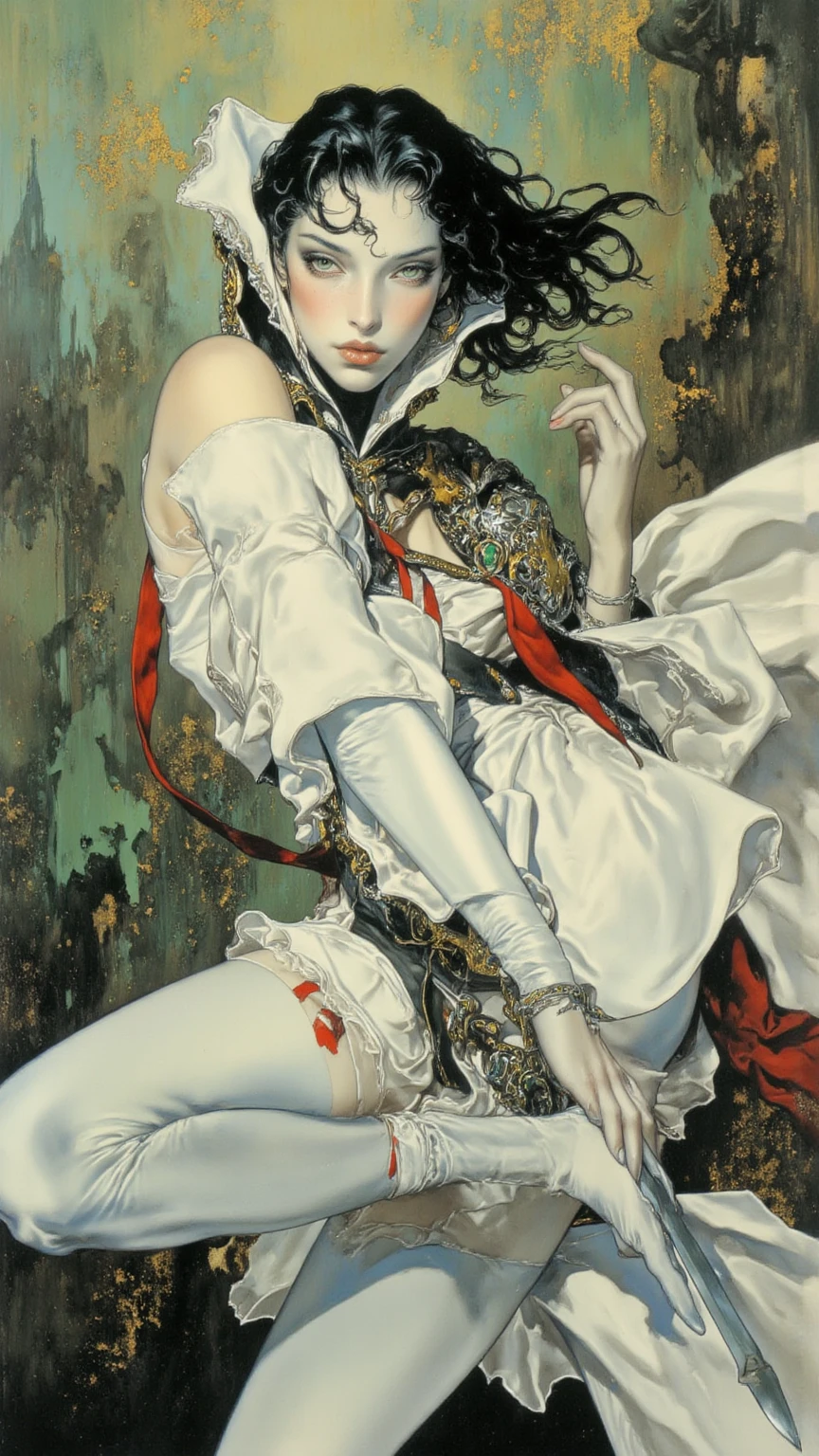 ((best quality)), ((masterpiece)), (detailed), blank white background, plain background, white background, red and white clothing, Bloodborne inspired, occult aesthetic, occult, detailed and intricate steampunk and detailed gothic, NSFW, Very dramatic and cinematic lighting, cosmic horror, grim-dark, side-lighting, perfect face, NSFW, Fluttering lace flared long knee length dress with frilly petticoats, knee length dress, pleated petticoats, ta dress, petticoats gothic lolicomplex lace boots, side-lighting, gothic lolita aetic, wielding a mighty sword, carbine, NSFW, beautiful small breasts, small breasts, full body, whole body, body, plain background, white background, blank background, no background, white background NSFW, full body, whole body, head-to-toe NSFW