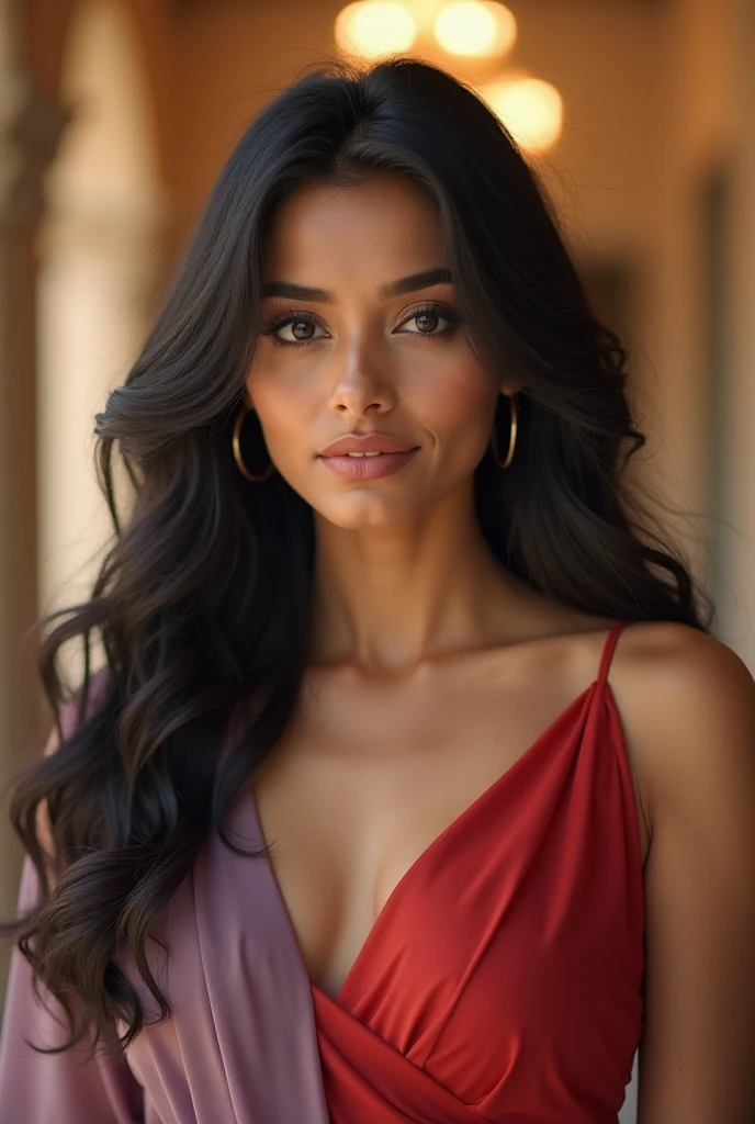 Create a 9:16 aspect ratio image of a beautiful Indian girl wearing a stylish top with a vibrant red coat over it. The girl should have eyes similar to Shraddha Kapoor's—large, expressive, and captivating. She should be depicted as the epitome of Indian beauty, with a warm, glowing complexion, long wavy hair, and a face that exudes both innocence and confidence. The background should be soft and elegant to keep the focus on her stunning appearance."