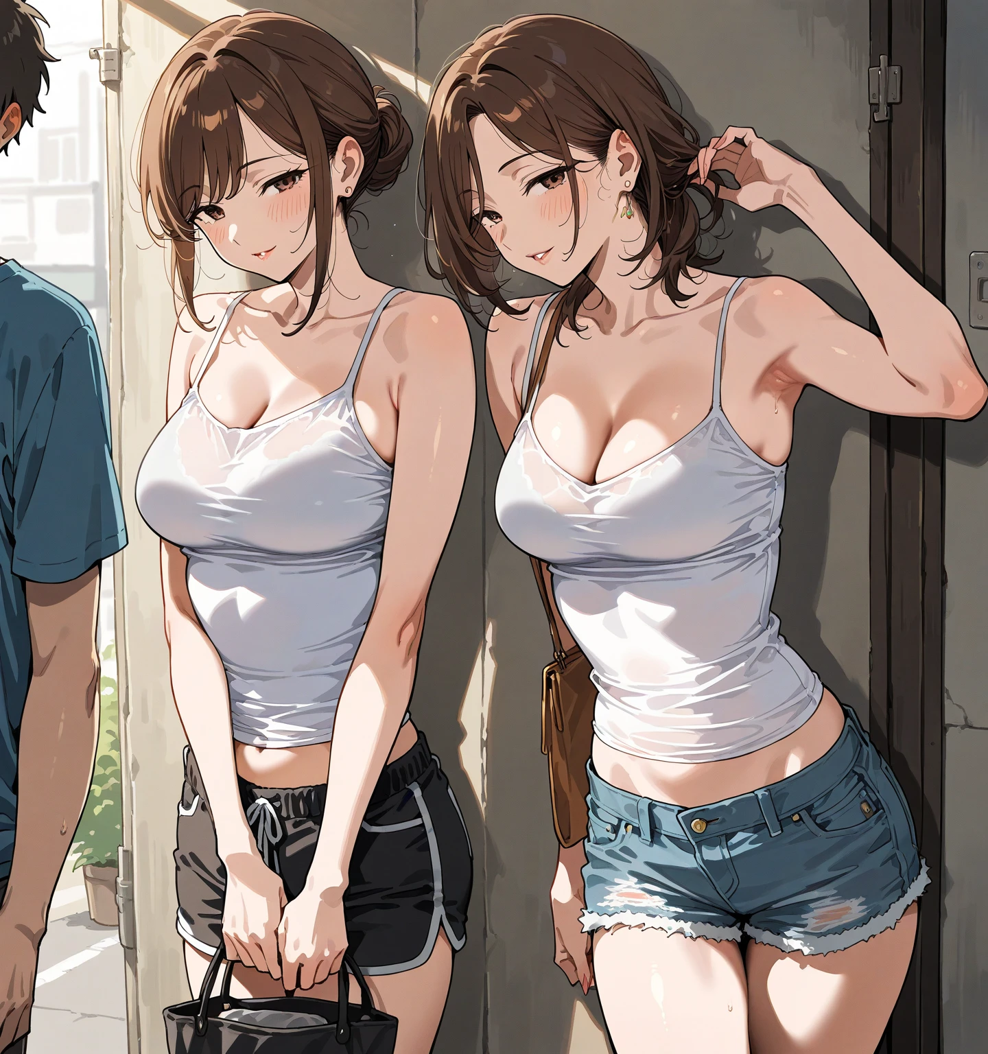 NSFW Highest quality Best image quality 4k ,{Misaka Mikoto} {{shirt lift}}++ Plain pink shirt topless, Underboob Beautiful nipples Short hair Brown hair, Brown eyes,short hair(Beautiful Abs Denim Shorts , Embarrassed face sit Beautiful beach Wet MCharacter splits