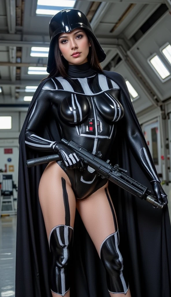 nude woman, big breasts, sweat, stormtrooper helmet, hairy pussy, leather, black background, caressing her pubis, leather gloves