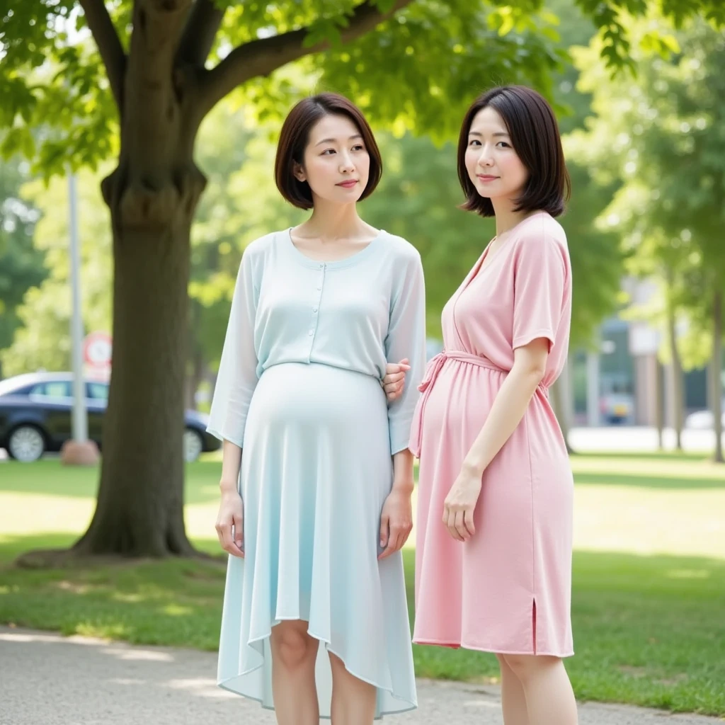 (highest quality、masterpiece、8K、Highest image quality、Award-winning work)、1 female、walk in the park、(pregnancy:1.3)、(huge belly:1.3)、classy maternity clothes、See-through maternity clothes、Lace decoration、perfect makeup、Slender、the biggest smile looking at me、(Standing full body photo:1.2)、perfect anatomy、Blurred cherry blossoms in full bloom,、Large grassy park、refreshing atmosphere、very bright and vivid、Super high definition beautiful eyes、Super high definition perfect beautiful teeth、Ultra high definition beautiful face、Ultra HD Beautiful Hair、perfect teeth alignment