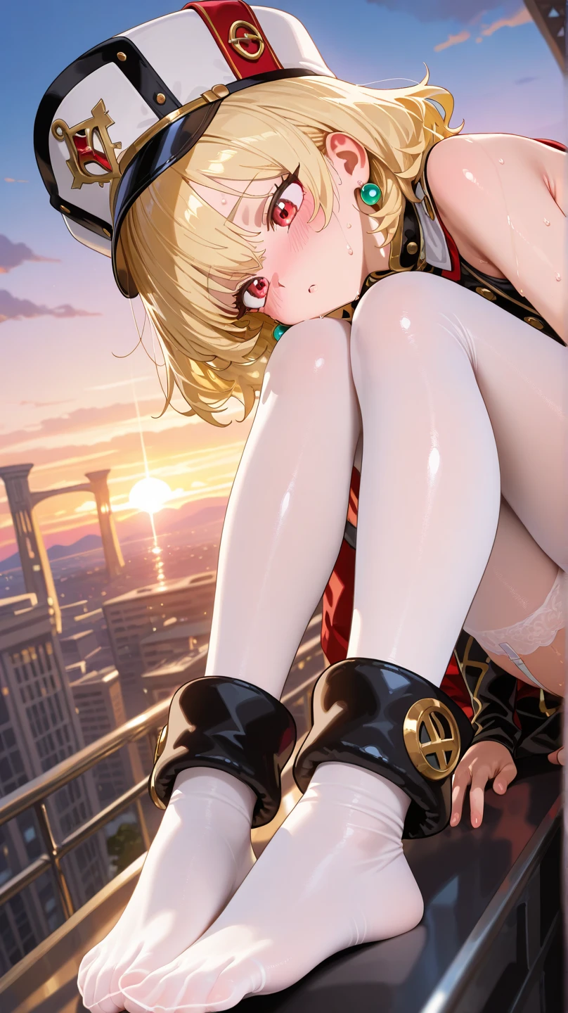 White short haired woman, with yellow eyes, mostrando os peitos, legs open showing pussy, with an angry face and a provocative look, Wearing traditional Chinese imperial clothing in gold and black, with red Hanafuda earrings, with a short red skirt. On your knees in a hotel room bed, with a sunset in the window in the background.