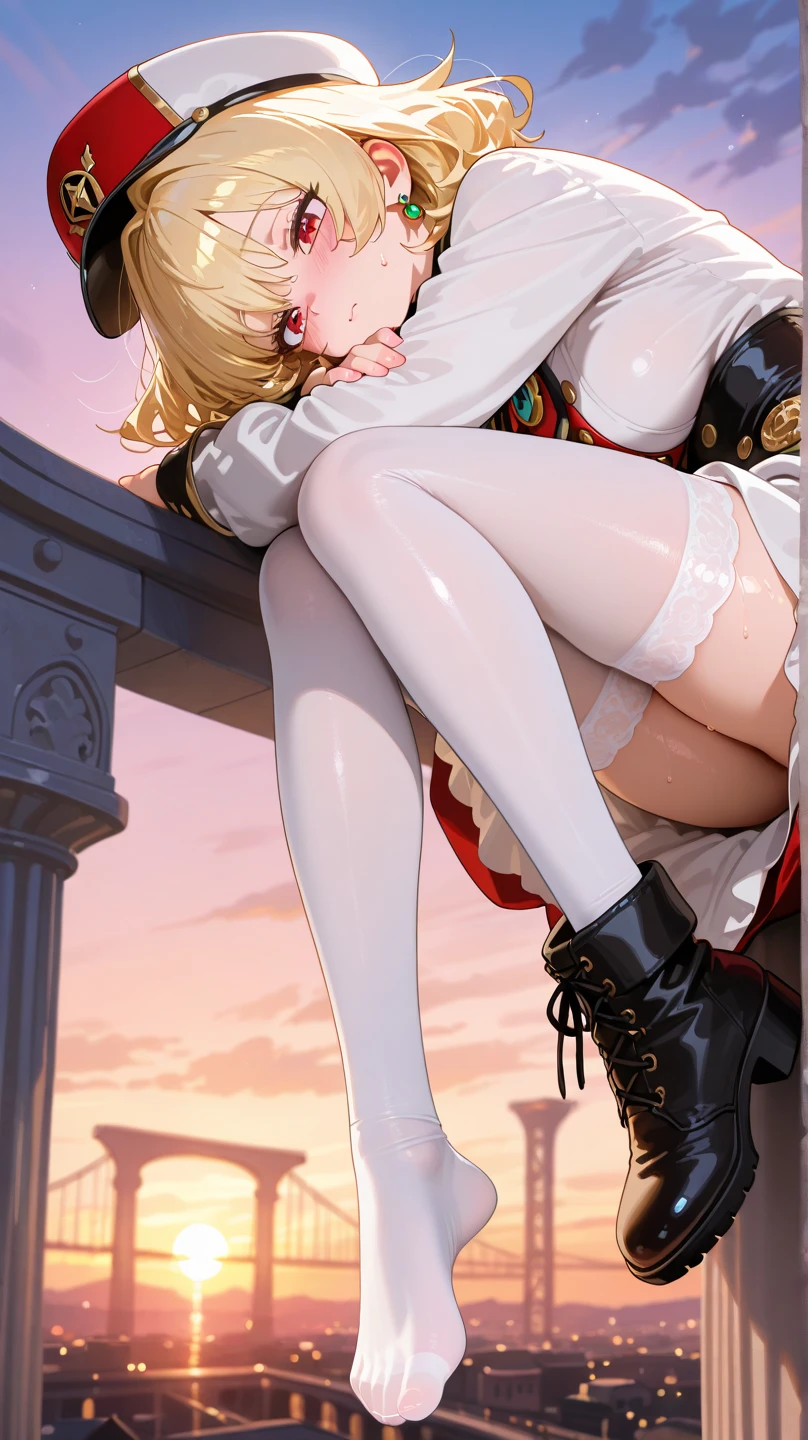 Melissa Rauch, long very puffy very curly blonde hair, head bow, very tiny miniskirt, FULL DETAILED GRAY PANTYHOSE , high heels, sun shiny day