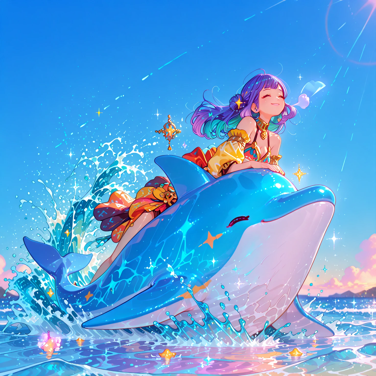 (masterpiece, best quality, highres, absurdres, ultra-detailed:1.2),  ((1girl, solo, nessa, dark skin, dark-skinned female, smiling, single hair bun, swimsuit, bikini, jewelry, necklace, earrings, belly chain, armlet, midriff, looking away)), (riding on a inflatable animal, swimming pool, blue sky, clouds), <lora:pokemon_nessa-13:0.75>, <lora:add_detail_v1:0.9>, <lora:riding_a:0.8>
