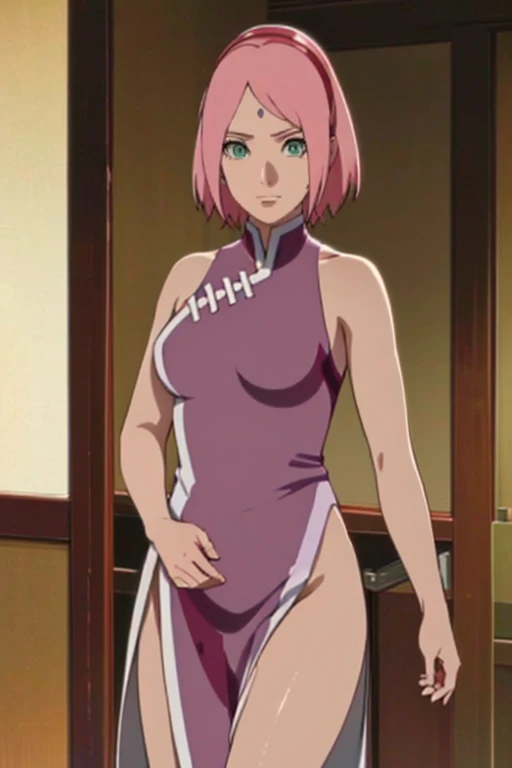 Sakura Haruno, reclining on her side, clad only in her panties, one hand caressing the back of her head in a state of bliss, the other hand resting on her waist, her face painted with an orgasmic expression.
