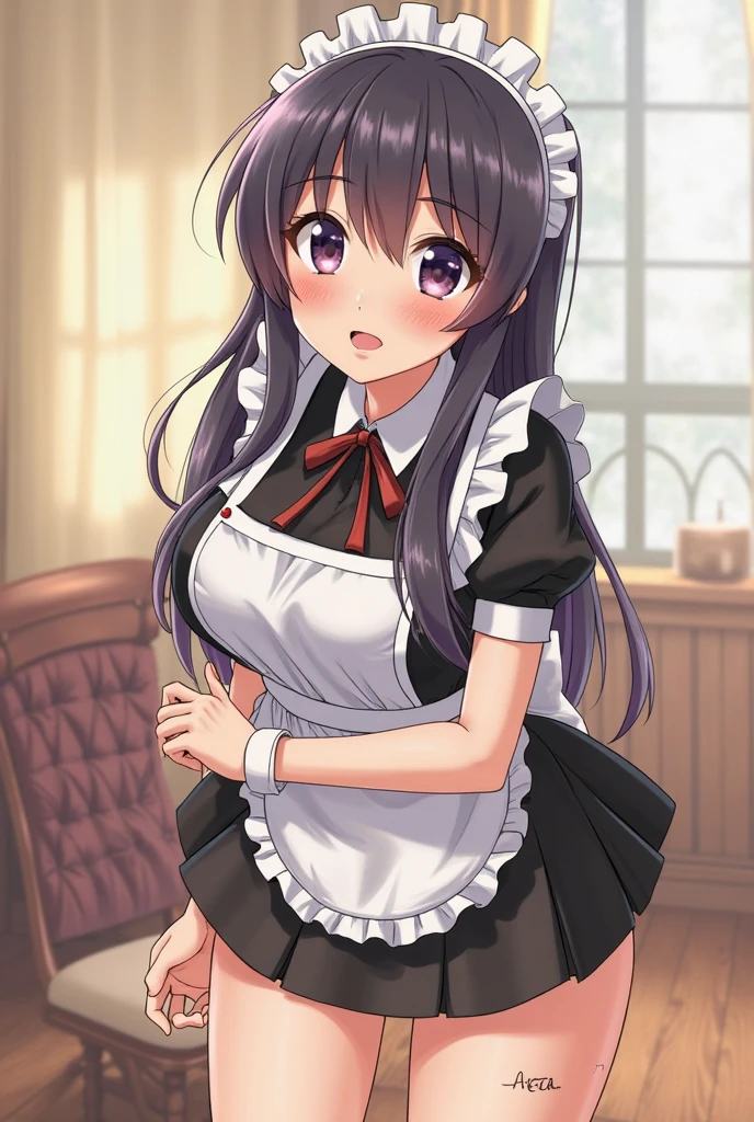 masterpiece, Highest quality, High resolution, 1 and later, fujiwara chika, Maid dress, chest, Red ribbon, Blunt bangs, large chest, Cowboy Shot, smile, indoor, Sexy pose, chestを出して, Maid, meidofuku, black Maid dress, about, Maid about, mini skirt, Garter Straps, stockings, Hands Behind Back,