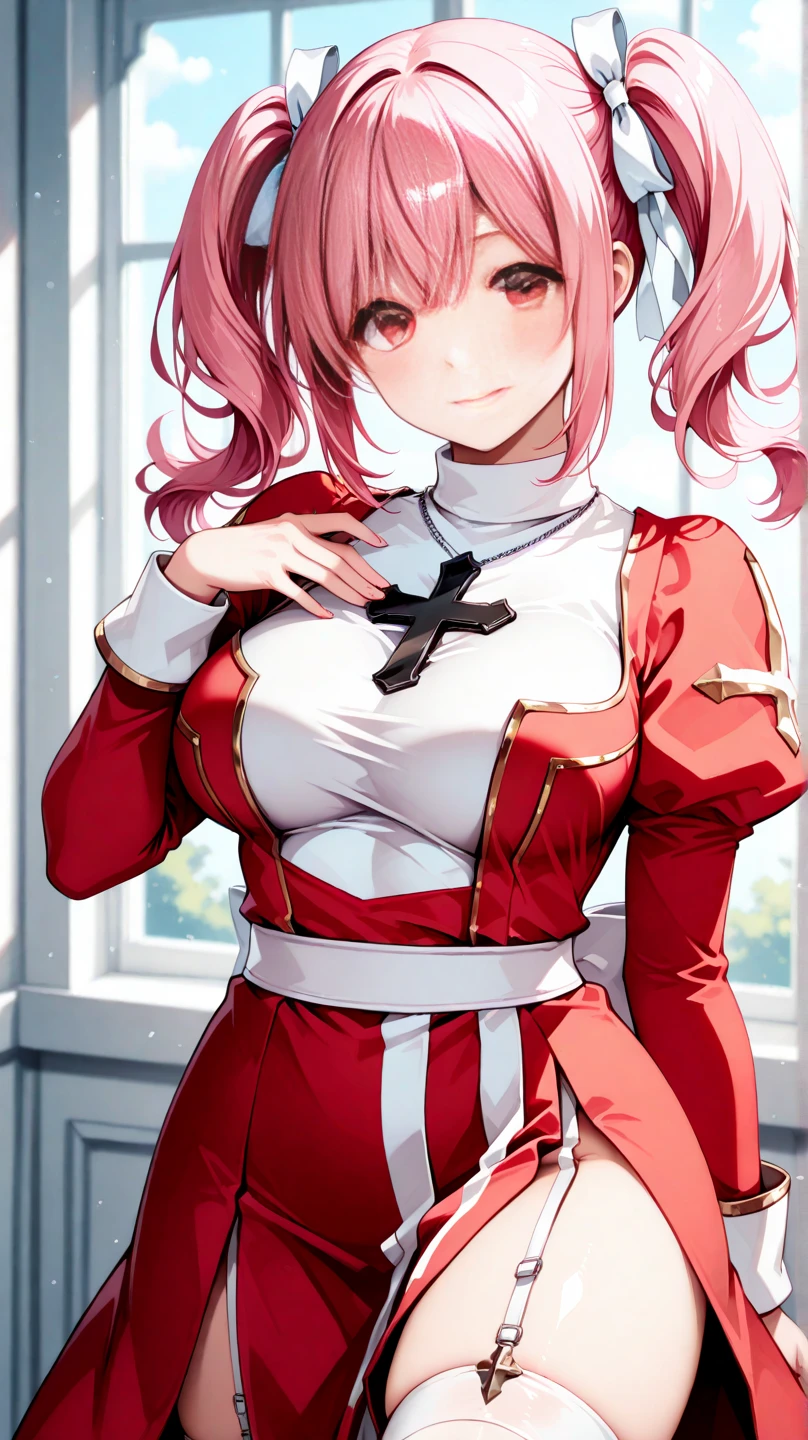 <lora:elphelt_valentine:0.7> elphelt, 1girl, solo, breasts, short hair, blue eyes, large breasts, simple background, thighhighs, gloves, white background, dress, holding, animal ears, cleavage, full body, weapon, pink hair, flower, ahoge, hairband, boots, holding weapon, white dress, rabbit ears, high heels, gun, fake animal ears, rose, thigh boots, red flower, holding gun, veil, spikes, handgun, red rose, wedding dress, bridal veil, huge ahoge, clover, four-leaf clover