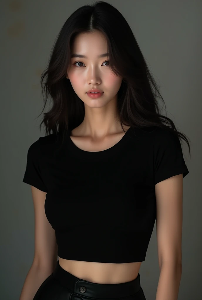 Best quality, masterpiece, ultra high res, (photorealistic:1.4), raw photo,1girl, solo, realistic, lips, looking at viewer, teeth, long hair, parted lips, nose, upper body, brown hair, simple background, brown eyes, black dress,  