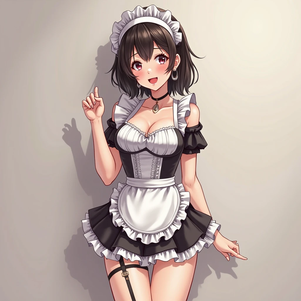 High resolution, Very detailed, perfect lighting, beautiful detailed eyes, ((masterpiece,Best Quality)), absurdities, alone, princess zelda, by the width, crown braid, Hair clip, pointy ears, Gloves without fingers, black gloves, smile, curves, nod, , deep neckline, deep neckline, short skirt, visible underwear, pink thong, touching her breasts in a sexy way, close up, Sexy maid costume, black Sexy maid costume, Thinking in the future, Black hair , en la playa como fondo
