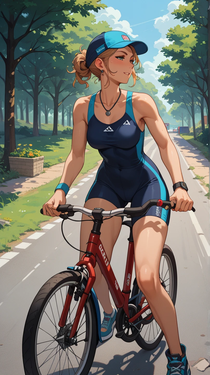A photorealistic cyberpunk woman wearing a Barcelona soccer jersey, futanari on top of a bicycle, making a handjob motion, detailed facial features, muscular body, dynamic pose, neon city background, dramatic lighting, vivid colors, hyper detailed, 8k, cinematic composition