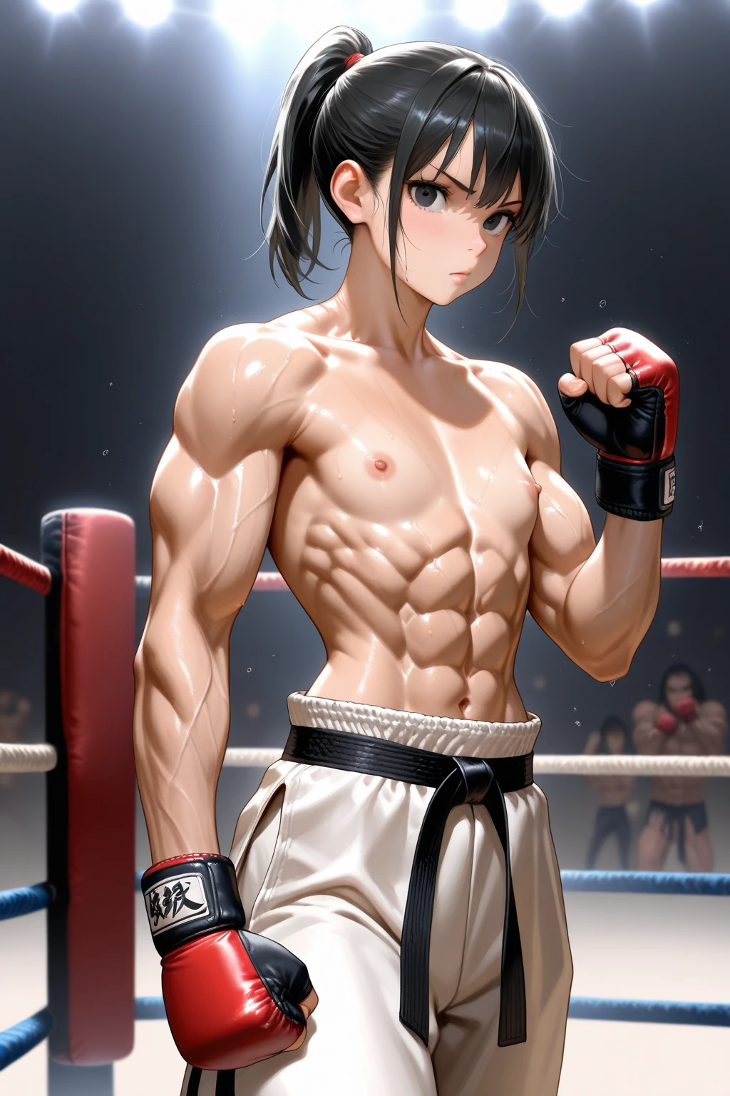 (absurdres, highres, ultra detailed, HDR), masterpiece, best quality, 1boy, solo, 10yo,  brown hair,spiky hairstyle, short hair, steam smork, japanese style, anime coloring, shy, home muji style, detailed face, topless, white towel on waist, pose boxing, material is shiny, bulge, anime