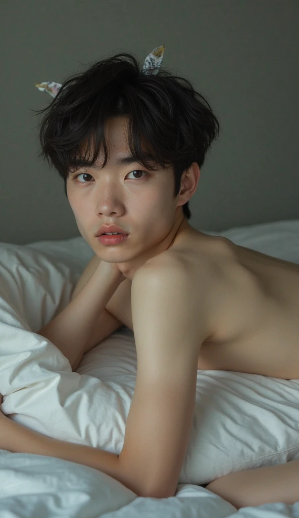 (best quality)), ((masterpiece)), (detailed), a handsome and cute tall white skin tone asian boy with thick stylish black hair, light pink lips sitting alone in room on bed covered with blanket upto his waist 
