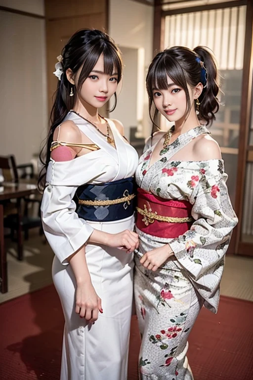 The beauty of two people in yukata、middlebreasts、Japan woman in yukata posing for photo, In a yukata with slits, in yukata, Highly detailed yukata, artwork in the style of guweiz, beautiful alluring female, goddess of Japan, photorealistic girl render,  Kimono, Luxurious yukata, Dark pink kimono、elegant japanese woman, [ 4 k digital art ]!!、Floral scrunchie、poneyTail、a necklace、耳Nipple Ring、Japanese garden、the collar is closed、Two people hugging each other's hips、Turn your butt to the viewer:1.5、Looking back here、Eyes meet、Poses to seduce:1.4、The shape of the buttocks is faintly visible from the top of the clothes