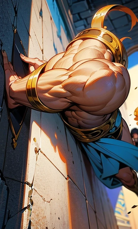Herculean gladiator, bare chest, lower body revealed from thighs to feet, long curls cascading, meticulous muscle definition, photorealistic portrayal, 4K quality. Background: Colosseum in ancient Rome,32k uhd, best quality, masterpiece, super detail, high details