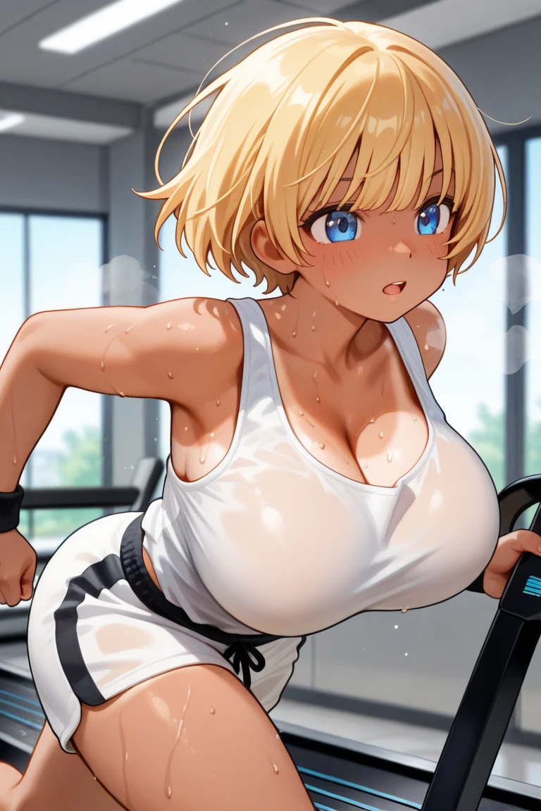 MILF, blonde pixie haircut, red eyes, front view, big breasts, big nipples, thick thighs, smug face, standing, muscular back, dark brown skin, bedroom without window background, long white socks, , bedroom, window, urban view, wet tank top, being milked, on bed, Doggystyle, ass up face down, ass getting fucked, hands behind back, roped up, harnessed, fucking machine, tits getting milked and pumped