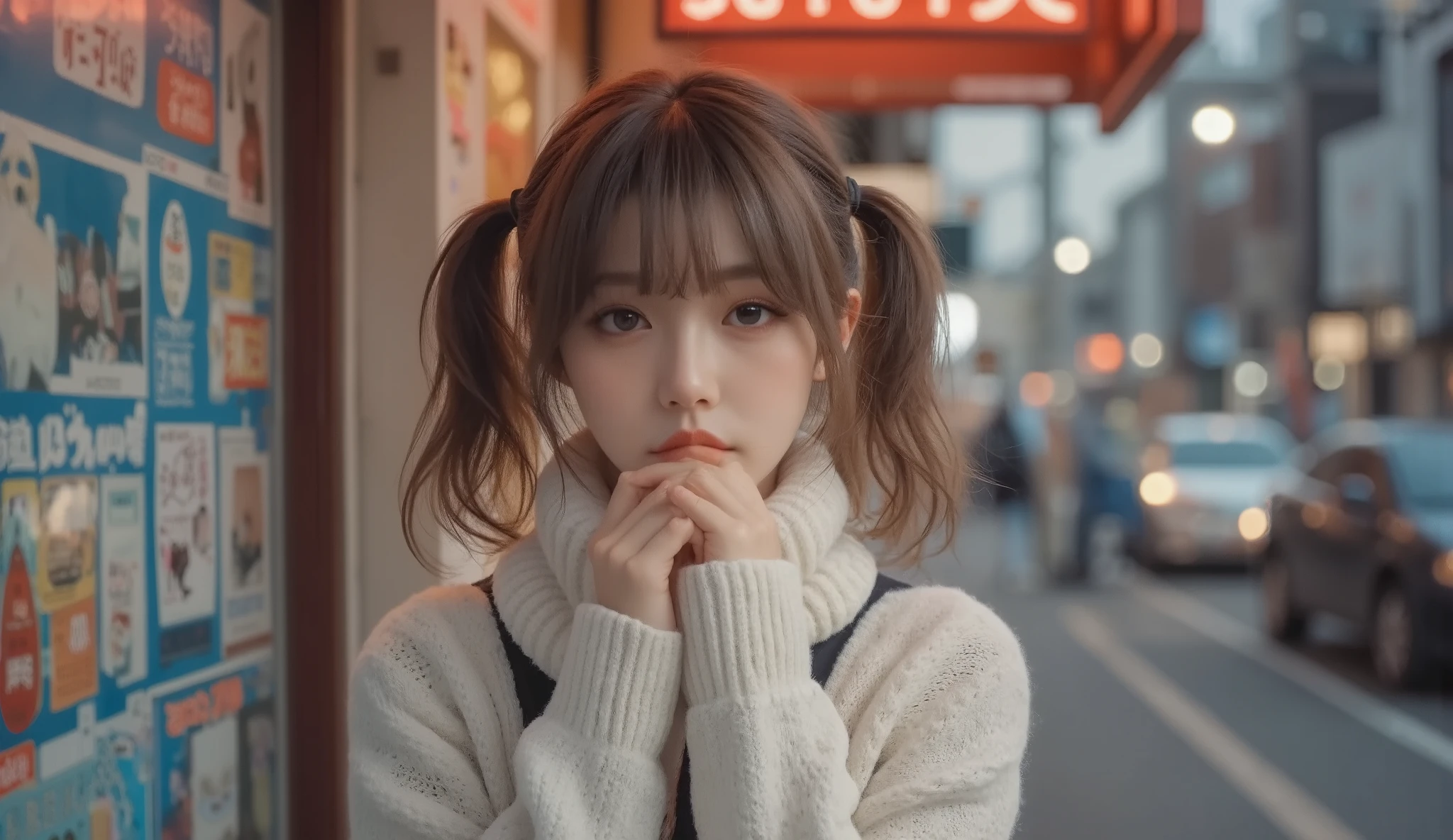 (((1 woman:1.6)),(((Pose for the Camera:1.3)))、((( Perfectly Reproduce Your Full Body :1.3))),((( upper body:1.8))),((( long legs :1.3))),((( long hair:1.3))),masterpiece, top quality , super detail , very detail, 4K, 8k, top quality , beautiful , Genuineistic, Genuine, Full Body, City, town, beautiful 女性, Alone, beautiful light brown hair, beautiful brown eyes, beautiful eyes, short hair, (((Smile:1.3))),(((sensual eyes:1.3))), ((( blurry background:1.6))), Japanese girl ,( white sweater:1.4),(I have a knitted snood wrapped around my neck、hide my chin .....:1.5), ( raw photo, top quality ), ( Realistic , photoRealistic:1.4), masterpiece, 極めて繊細で beautiful , extremely detail, 8K Wallpaper, Amazing, detail , Hi-Vision CG Integration , high resolution, soft light, beautiful 詳細な19歳, very detailな目と顔, beautiful 詳細な鼻, beautiful 詳細な目, Movie Lighting, Night view, Perfect Anatomy, slender body,Smile ( hair is disheveled, asymmetrical bang , light brown hair,),(Red Lipstick:1.3),(((1 woman:1.6))